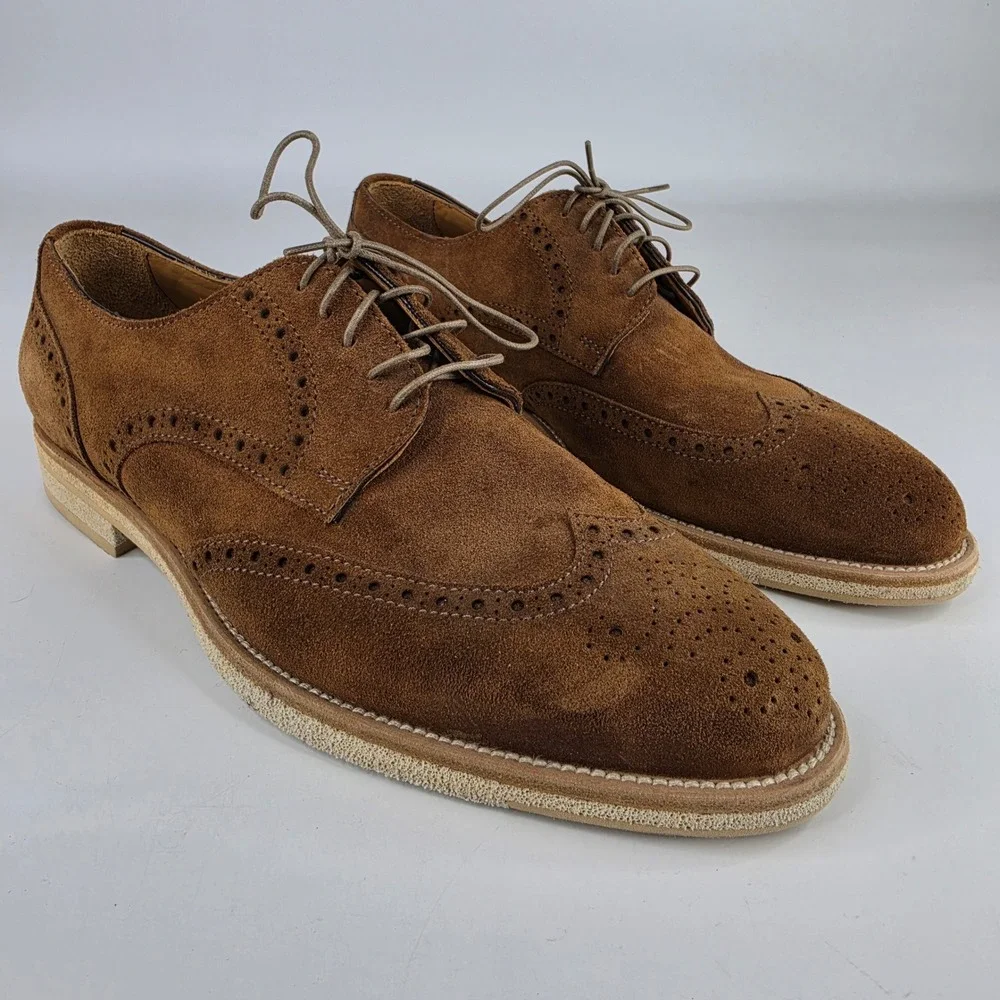 Bruno Magli Mens Brown Suede Wingtip Brogue Derby Shoes Made in Italy Size 8.5